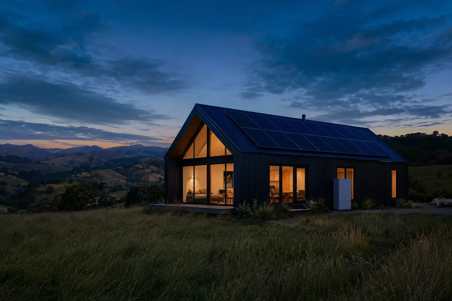 Concept: Solar-roof timber home at blue hour
