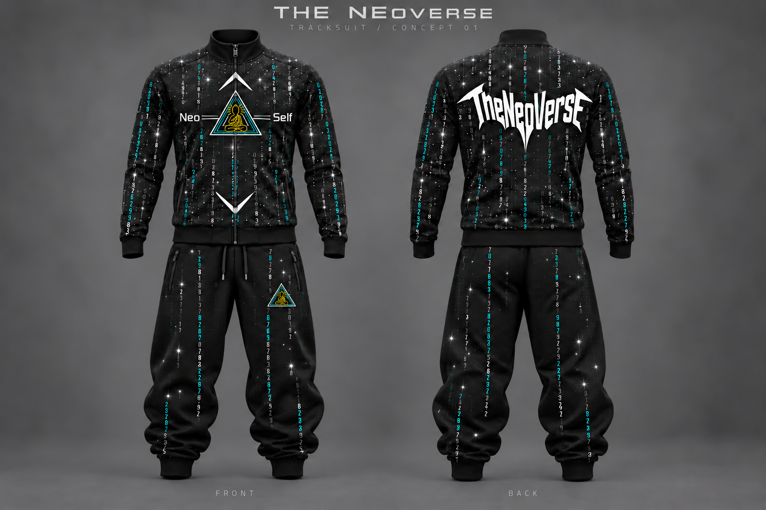 NeoSelf cosmic tracksuit concept, front and back, with the gold meditating figure inside the triangle.
