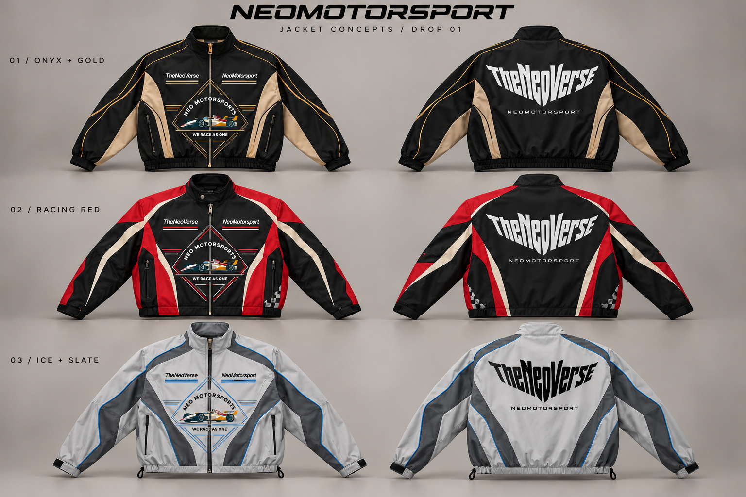 NeoMotorSports jacket concept board showing Onyx and Gold, Racing Red, and Ice and Slate fronts and backs with the racing logo.